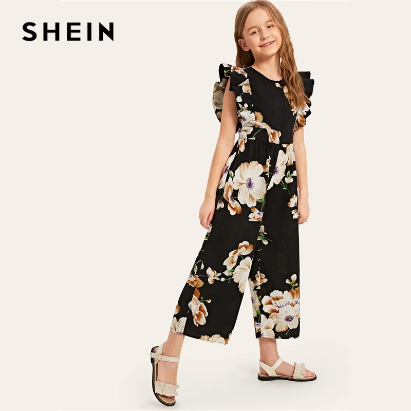 SHEIN/Детский комбинезон с широкими штанинами и цветочным принтом для девочек; коллекция года; летний комбинезон с рукавами-крылышками и рюшами в стиле бохо; пляжные Длинные Комбинезоны для подростков