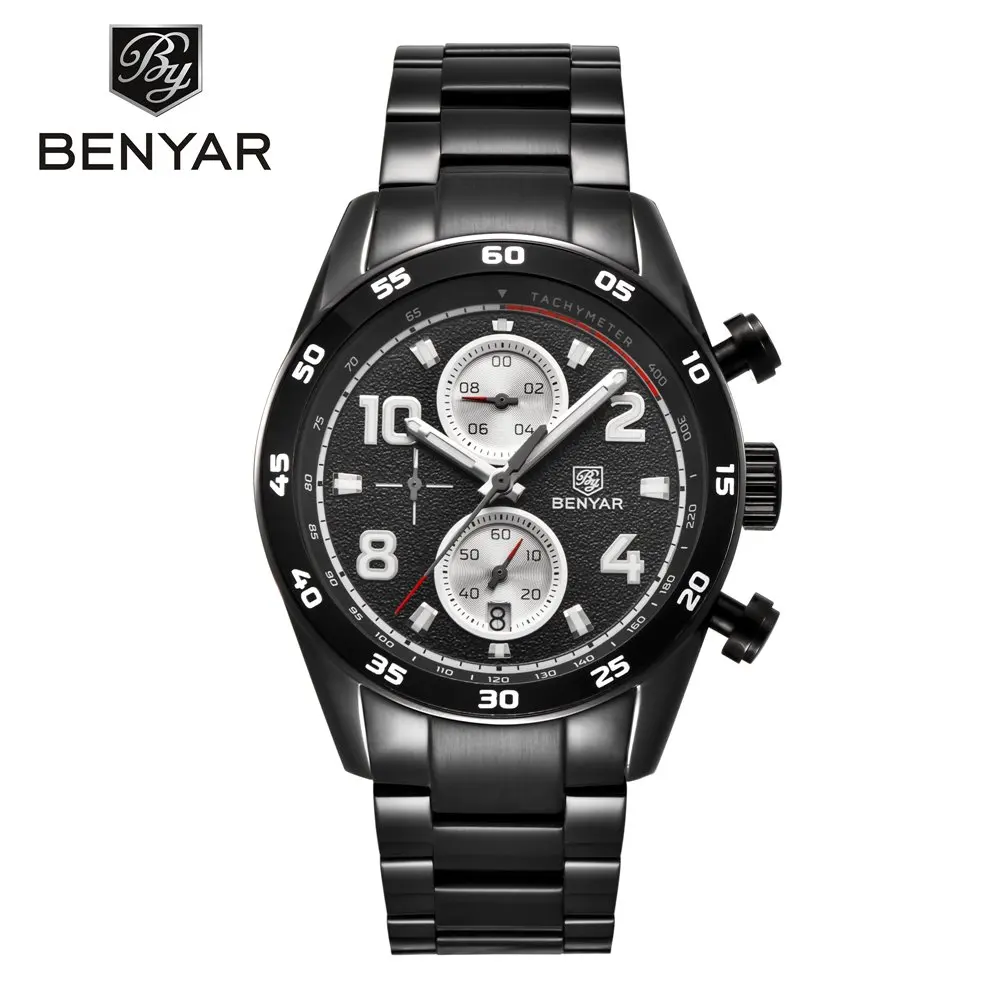 steel all black BENYAR, Кварцевые спортивные часы для мужчин, люксовый бренд, водонепроницаемые, с хронографом, военные, кожаные Наручные часы, мужские часы, Relogio Masculino - Цвет: steel all black