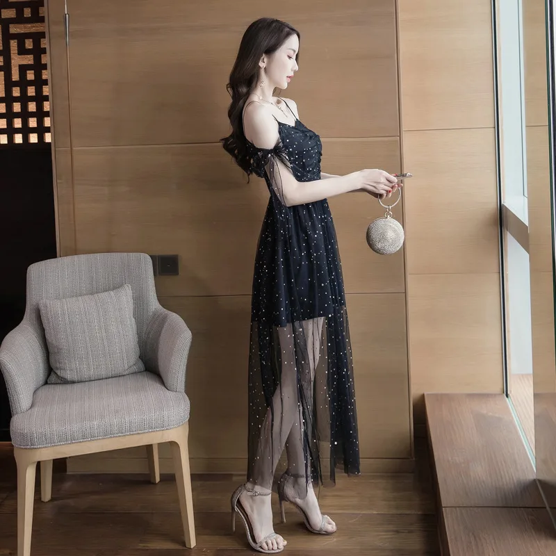 Plus Size A-line Dress 2019 Women Summer Black Sleeveless Spaghetti Strap Strapless Dot Mesh Casual Party Club Midi | Женская одежда