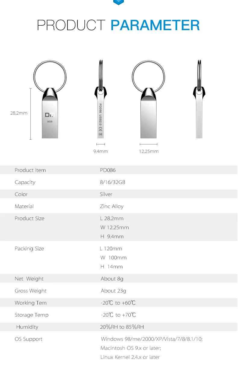 USB 2,0 флеш-накопитель PD086 8GB 16GB 32GB металлический флеш-накопитель водонепроницаемый