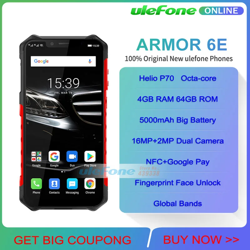 Ulefone Armor 6E IP68 водонепроницаемый мобильный телефон Helio P70 4 Гб+ 64 Гб 6," Беспроводное зарядное устройство 5000 мАч Android 9,0 смартфон NFC