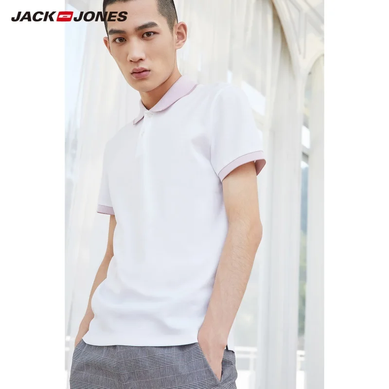JackJones мужская хлопковая рубашка поло с коротким рукавом и контрастным отложным воротником 219206501 - Цвет: BRIGHT WHITE