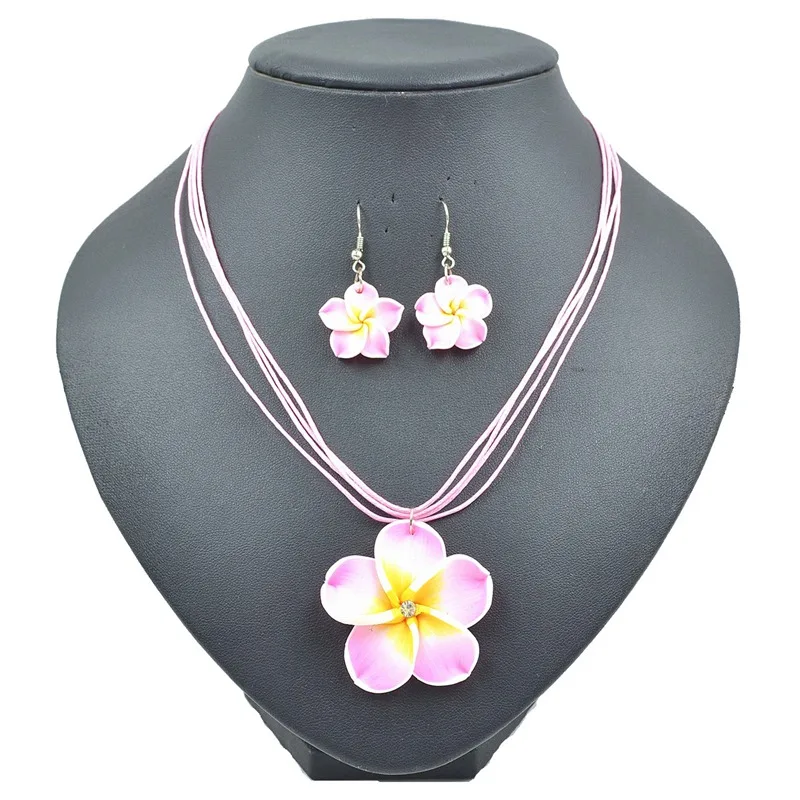 pink TopHanqi 1set 6color Summer Beach Hawaiian Clay Fimo Frangipani Flower Necklace Earrings Jewelry Sets For Children Girls - Окраска металла: pink
