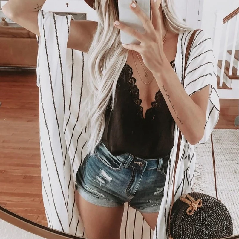 LIVA GIRL Boho Белый Синий Полосатый кимоно кардиган с коротким рукавом летняя пляжная