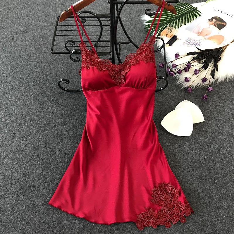 

Nightgowns & Sleepshirts Sleep Lounge Satin Sleepwear Women Ladies Nightwear Nightdress Sexy Lingerie with Chest Pads