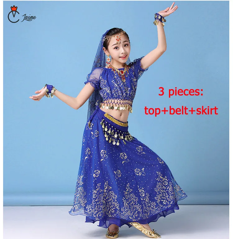 Royal blue 3 pcs Детская одежда Набор костюма для танца живота сценическое живота Одежда для танцев для девочек Индии Танцы Болливудский костюм, для детей от 3/8 шт - Цвет: Royal blue 3 pcs