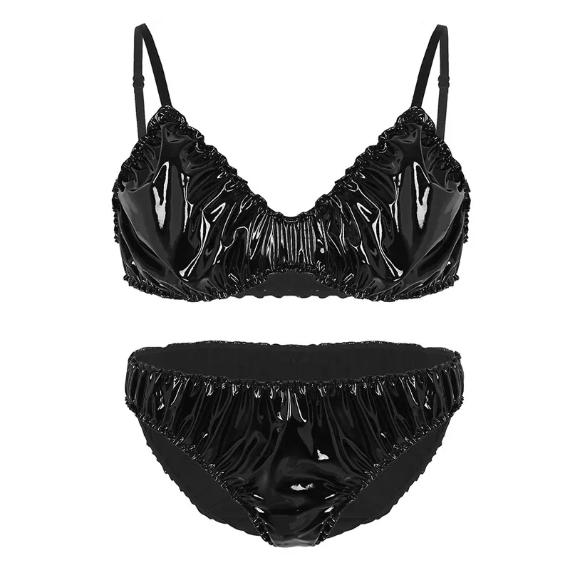 black Сексуальные костюмы для мужчин черный кожаный гофрированный неженый бюстгальтер набор нижнего белья топы и бикини трусы нижнее белье Экзотические Трусики вечерние клубная одежда - Цвет: black