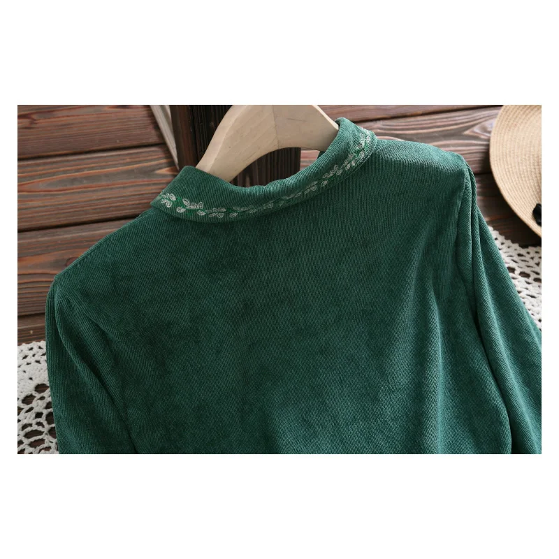 Весенне осеннее женское вельветовое платье с зеленой цветочной вышивкой Mujer Vestido