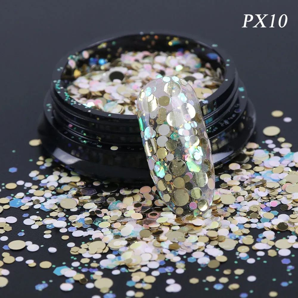 PX10 3D Блестки для ногтей, Смешанные Круглые шестигранники, блестящие голографические чешуйки для ногтей, Русалка, блестки, акриловые, сделай сам, маникюрные советы, LAPX01-12 - Цвет: PX10