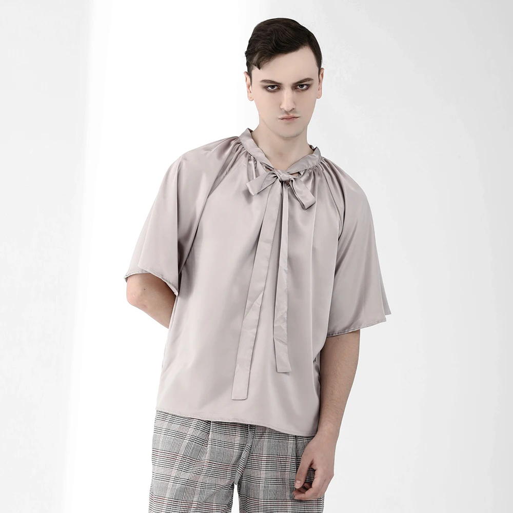 

Vintage Mens Grey Chiffon Blouse with Necktie Gothic Summer Loose Short Sleeve Casual Shirt