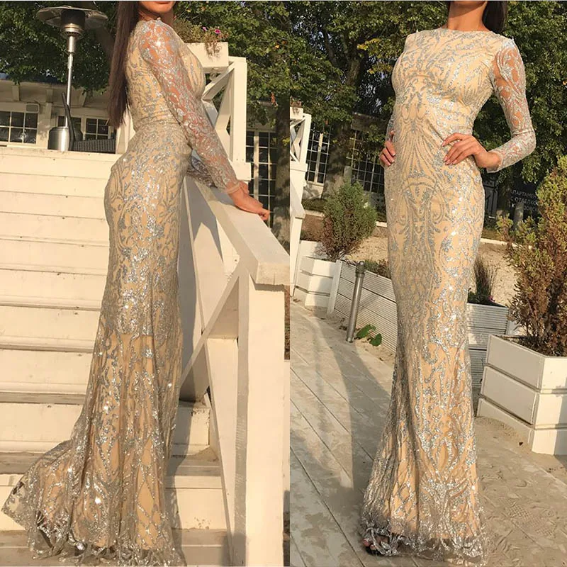 Платье макси серебристое с круглым вырезом и длинными рукавами|Женские платья| |