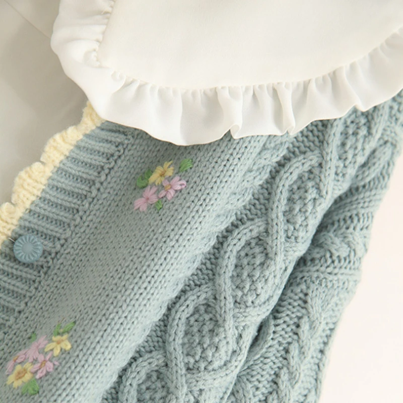 Japanese Mori Girl Embroidered Floral Winter Knitted Cardigan Sweater PINK/WHITE/BLUE |
