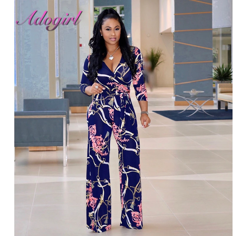 

2018 Spaghetti Strap Boho High Waist Tropical chain printing Print Shirred Wide Leg Palazzo Women Jumpsuit
