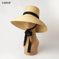 uspop 2020 new summer hats for women natural wheat straw hats high flat top long ribbon lace up sun hats wide brim beach hats