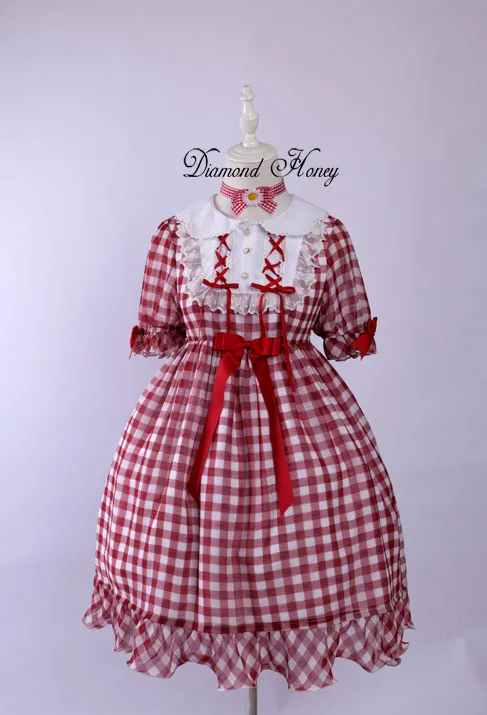 Kawaii клетчатое платье в клетку, японское женское платье в стиле Лолиты, милое цельное бальное платье с бантом, коротким рукавом и воротником в стиле Питера Пэна