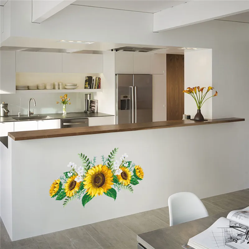Removable Yellow Sunflower Background Wall Stickers Poster Plant Paster Decals Wallpaper Decor Bedroom Living Room Decorations | Дом и сад