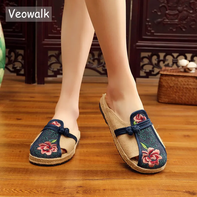 Эспадрильи Veowalk женские с цветочной вышивкой льняные хлопковые шлепанцы на