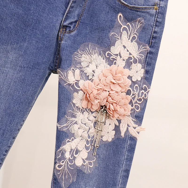 

Autumn New Fashion Bead Flower Long Sleeved Pullover Sweater Shirt + Slim Jeans Suit Girl Students Two Piece Pencil Pants Suit
