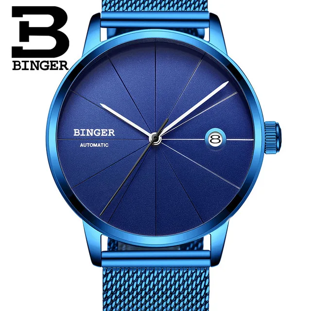 Mesh belt Blue Switzerland BINGER мужские часы Топ люксовый бренд Япония Seiko автоматическое механическое движение часы досуг бизнес синий horloges - Цвет: Mesh belt Blue