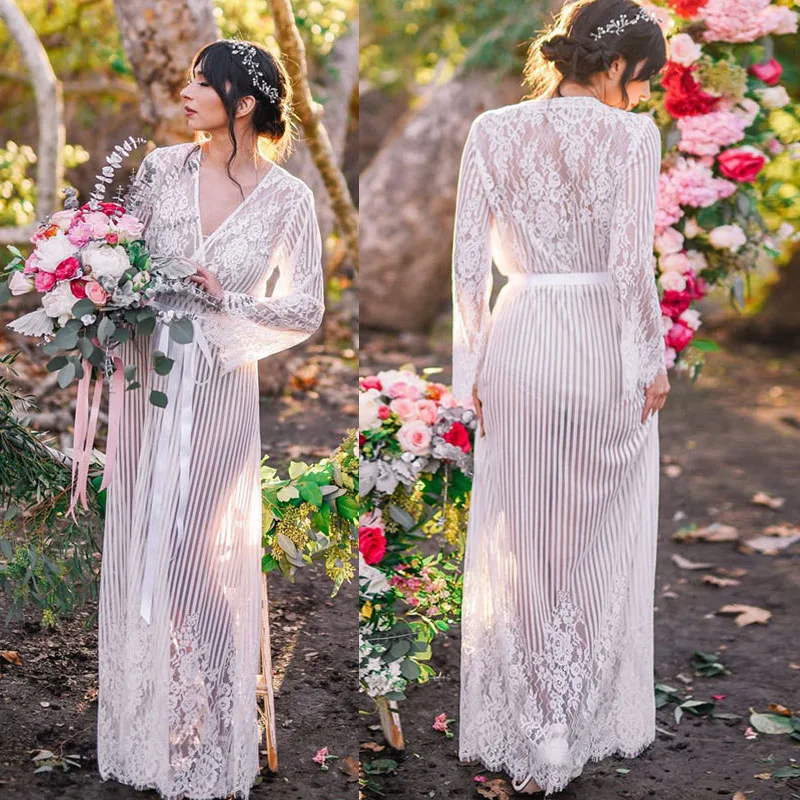 

Summer Lace Dress Beach Cover up Women Blouse Cardigan Kimono Sarong Sexy Long Sleeve Elegant White Bathing Suit Tunic Sashes