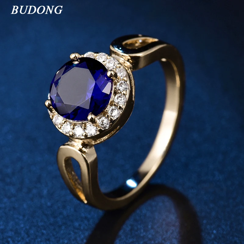 Женское кольцо на палец BUDONG с синим кристаллом и цирконием золотого цвета R329