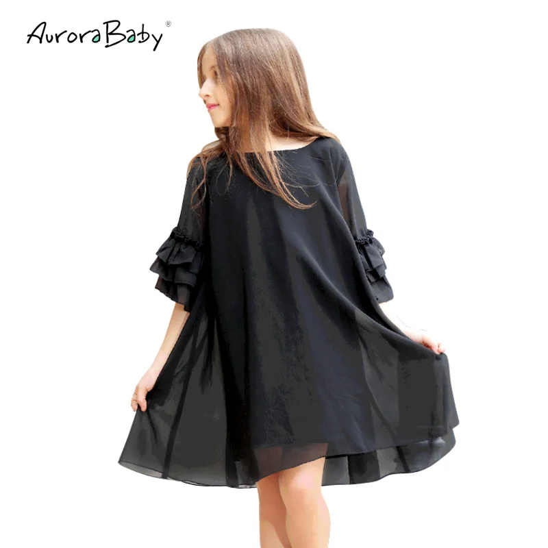 Летнее черное шифоновое платье для девочек крутая детская одежда с рукавами