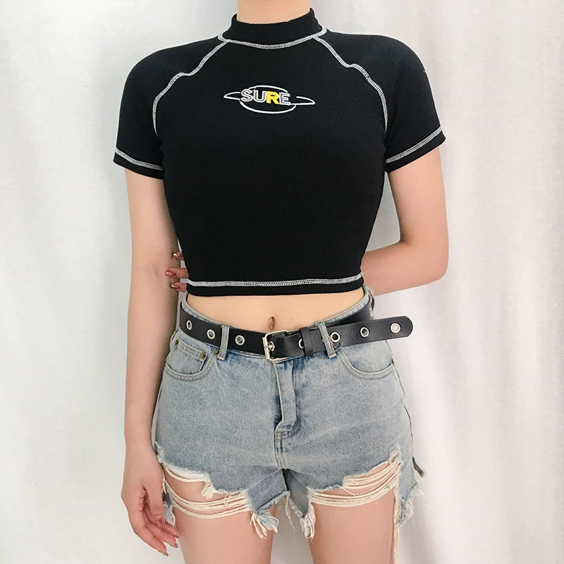 HEYounGIRL Harajuku, черный короткий топ, футболка, модная, повседневная, базовая, женская футболка, топ, хлопок, с принтом, футболка для девушек, лето