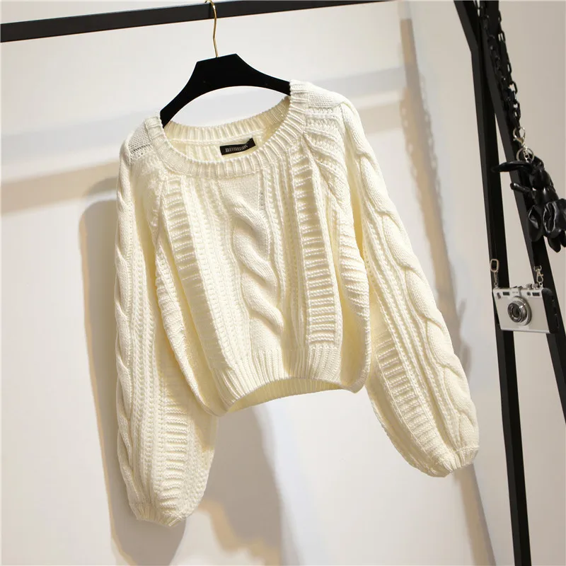 Candy colors Twisted lines Solid Sweater Autumn Winter New O-neck Long Sleeve Lantern Short Pullovers Jumper | Женская одежда