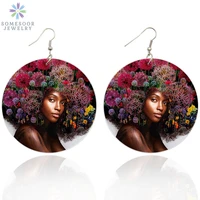 somesoor both sides painting black women afro art wooden drop earrings african natural hair wood jewelry for women girl gifts