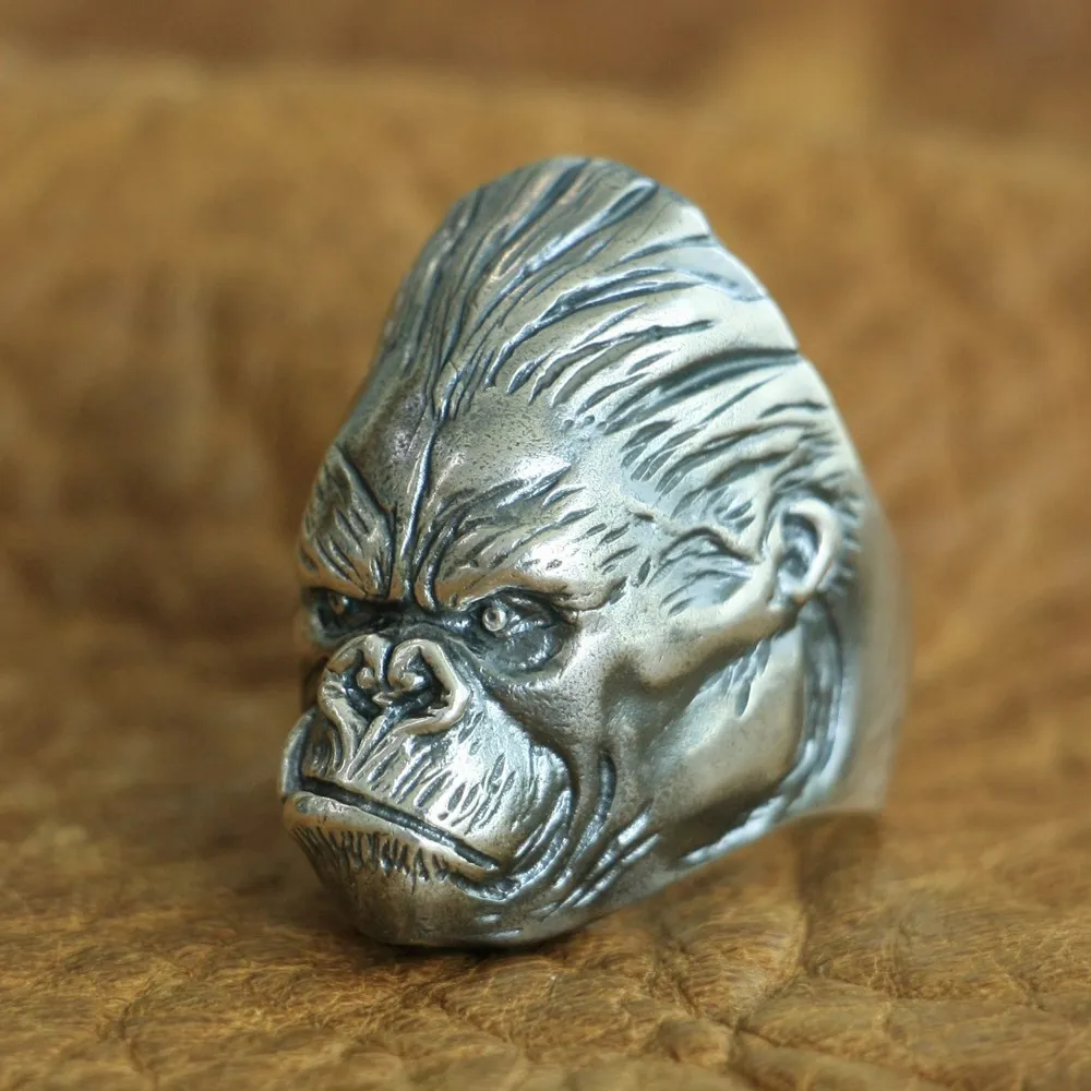 LINSION 925 пробы Серебряное кольцо King Kong мужское байкерское в стиле панк APE TA117