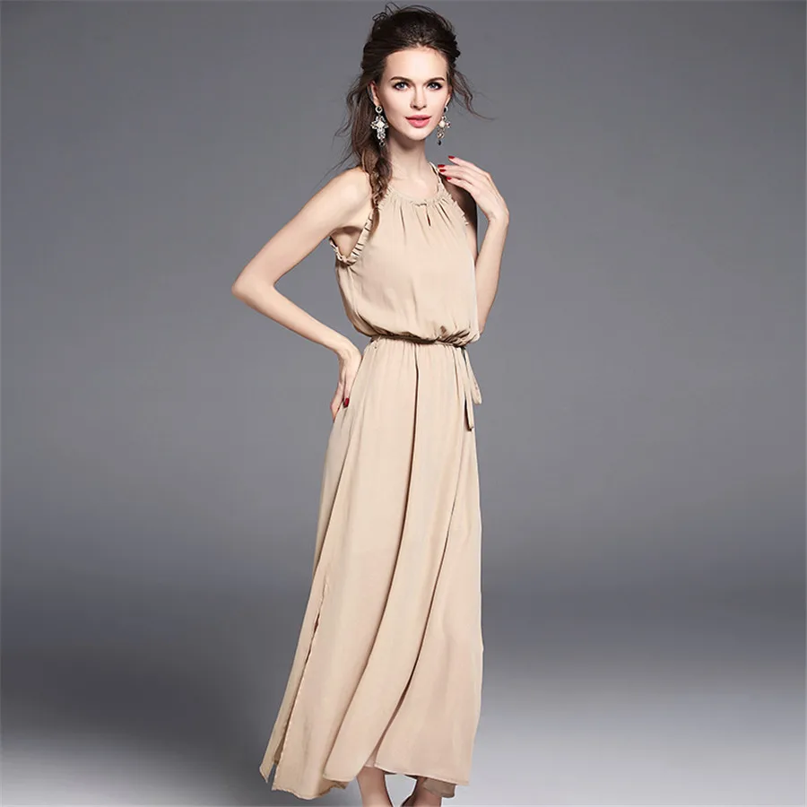 2017 высокое качество новый летний Бежевый ремень рукавов жилет платье цвета S XL