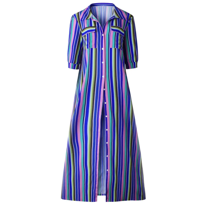 

women maxi dress striped retro boho style 2019 autumn long shirt dress party female elegant dress plus size XXXL