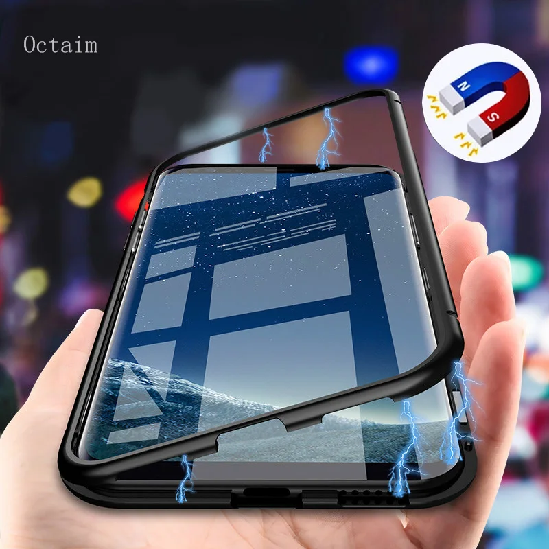 Магнитный чехол для Samsung S9Plus полностью Защитный флип-чехол из закаленного стекла
