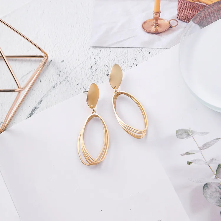 South Korea Cool Temperament Matte Metal Geometry Oval Earrings Fashion Women Earring Long Eardrop Tide Joker Atmosphere