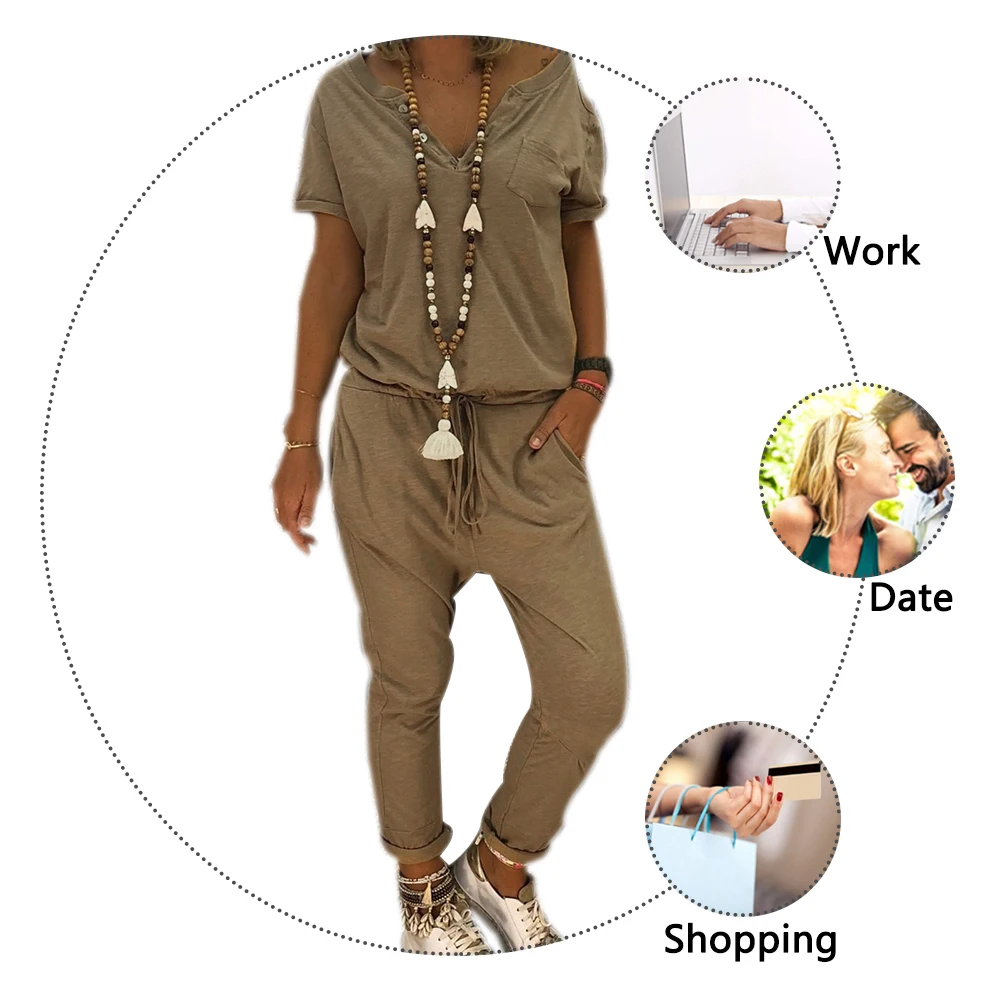 Женский комбинезон HEFLASHOR повседневный свободный однотонный с коротким рукавом