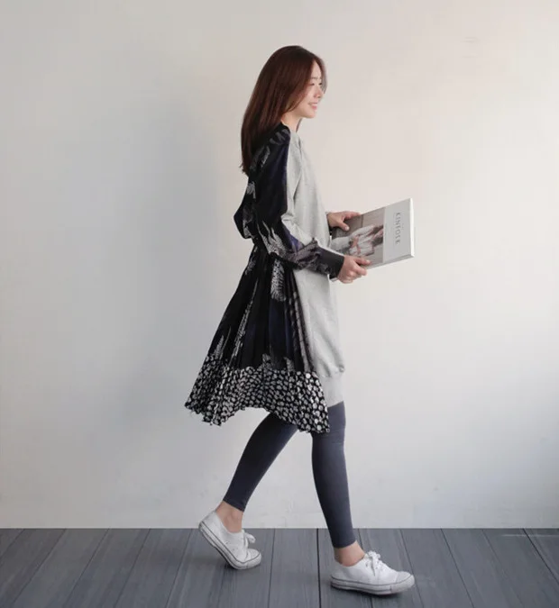 ASYMSAY 2017 Осень Зима Корея Мода Разделение совместное шифон печати несимметричный