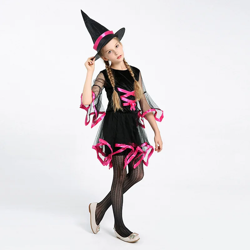 

Girls Witch Costumes Role Play Children's Day Girl Dresses and Hats Cosplay Girls Witch Dresses Halloween Party Clothing