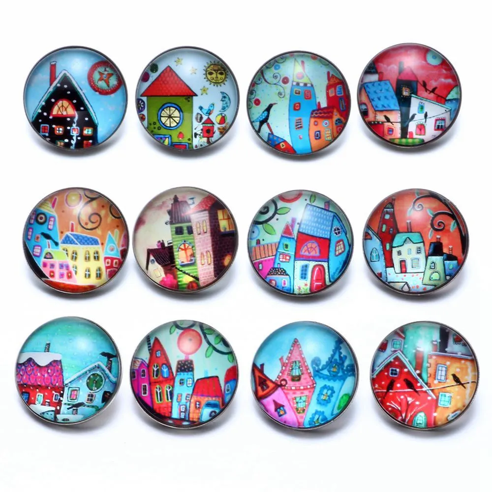 12pcs/lot Fairytale Town Theme Glass Charms 18mm Snap Button Jewelry For Snaps Bracelet KZ0683|18mm snap button jewelry|snap jewelrybutton jewelry |