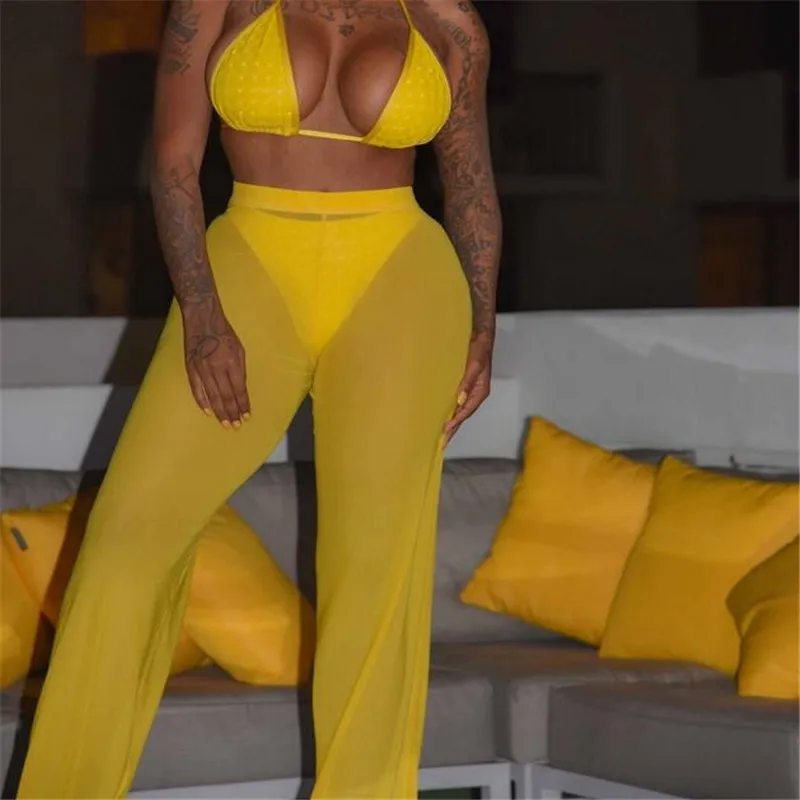 Сексуальные однотонные женские пляжные прозрачные сетчатые брюки с оборками и