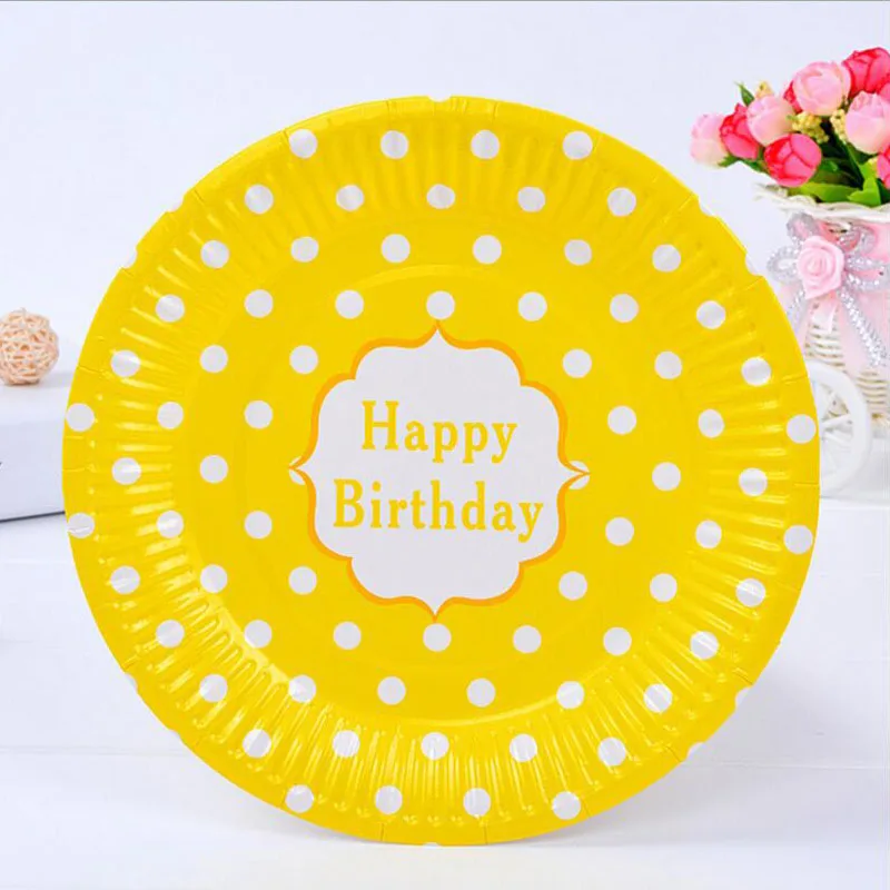 yellow dot 6 шт./партия, бумажные тарелки для дня рождения, тарелки в горошек, Мультяшные узоры, форма для торта, украшения для дня рождения, детские товары для дня рождения - Цвет: yellow dot