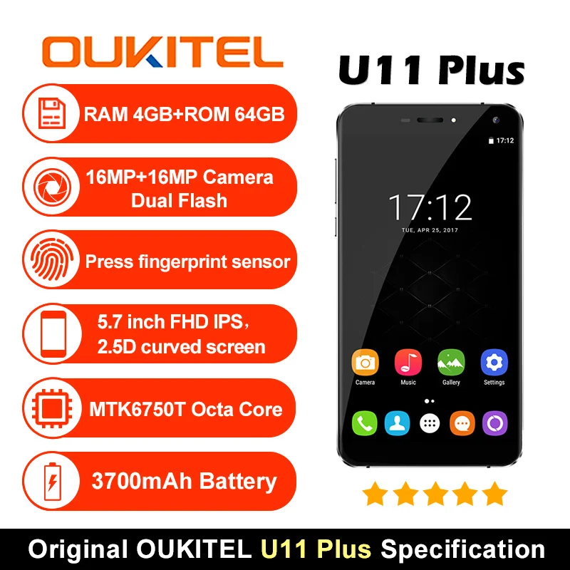 Oukitel U11 плюс 4 г смартфон Android 7 0 OctaCore MT6750 5 дюймов FHD ГБ Оперативная память 64