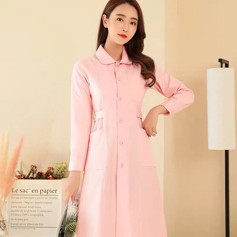Doll Pink Long Высококачественная Униформа с коротким и длинным рукавом для больниц, медсестер, салонов красоты, спа, женское платье для клиник, Медицинские костюмы - Цвет: Doll Pink Long
