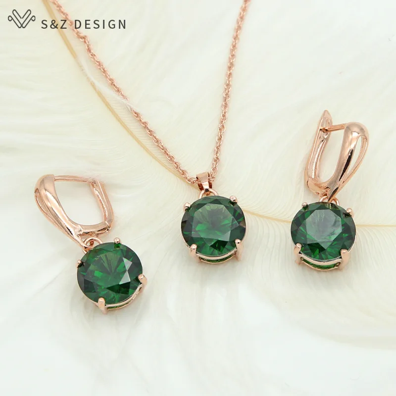 green S& Z классический большой круглый кубический цирконий Висячие серьги ювелирный набор 585 розовое золото для женщин девушек свадебный подарок - Окраска металла: green