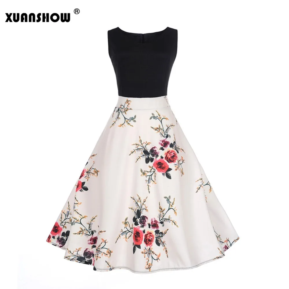 XUANSHOW летнее ретро платье с цветочным принтом 50s 60s винтажное рукавами высокая