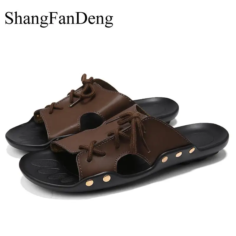 Шлепанцы мужские легкие кожаные пляжные сандалии удобная повседневная обувь