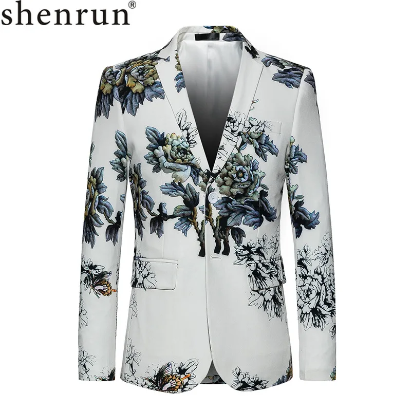 Shenrun Men Blazer Slim Fit Casual White Jacket New Fashion Floral Print Suit Jackets Wedding Party Prom Costume Plus Size 6XL