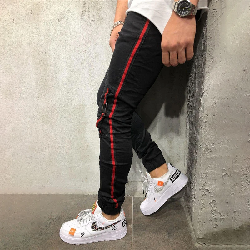 Обтягивающие мужские джинсы красная полоса s байкерские деним Супер спрей Черные