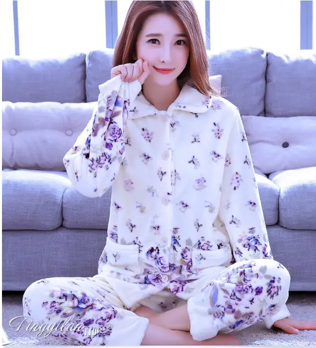 Women Sleepwear Pyjama Suit Thick Warm Cute Sleepingwear Girls Coral Fleece Pajamas for Women Flannel Homewear D-2100