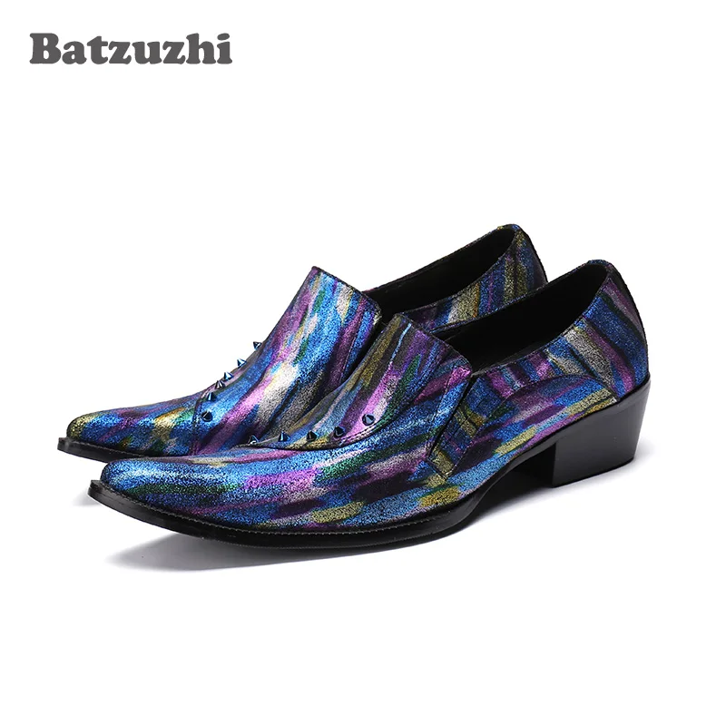 

Batzuzhi 2018 Handsome Mens Shoes Pointed Toe Blue Muti Color Business Dress Shoes Flats Rivets Party Runway Shoes Men, US12