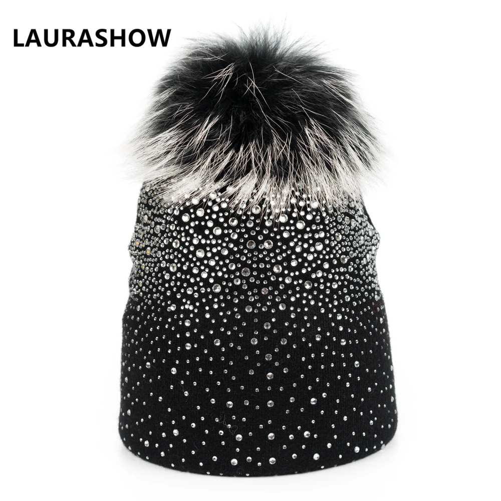 Женские вязаные шерстяные шапки с помпонами из натурального меха норки зимние